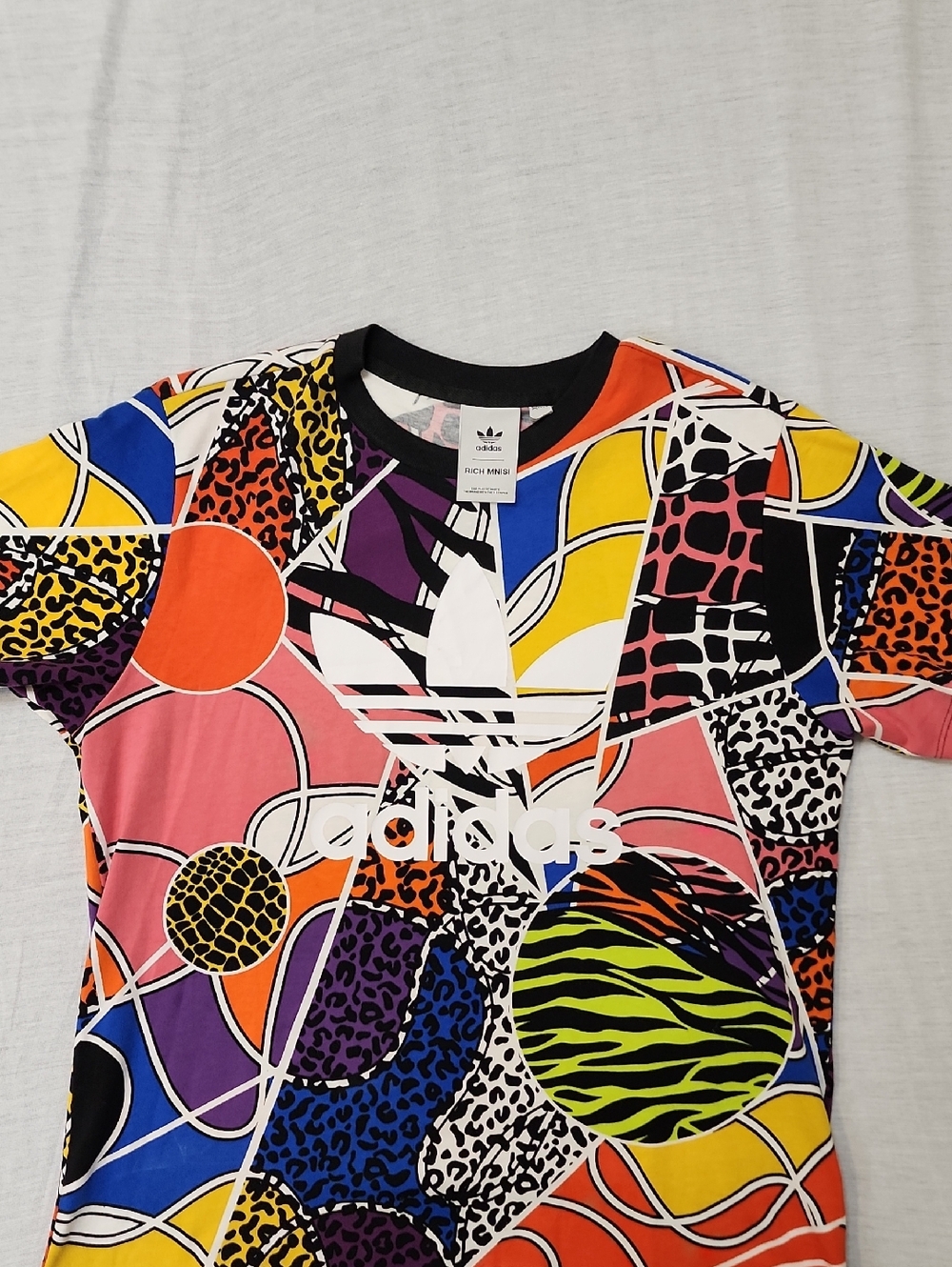 Adidas White Logo Multicolor Pattern Tee